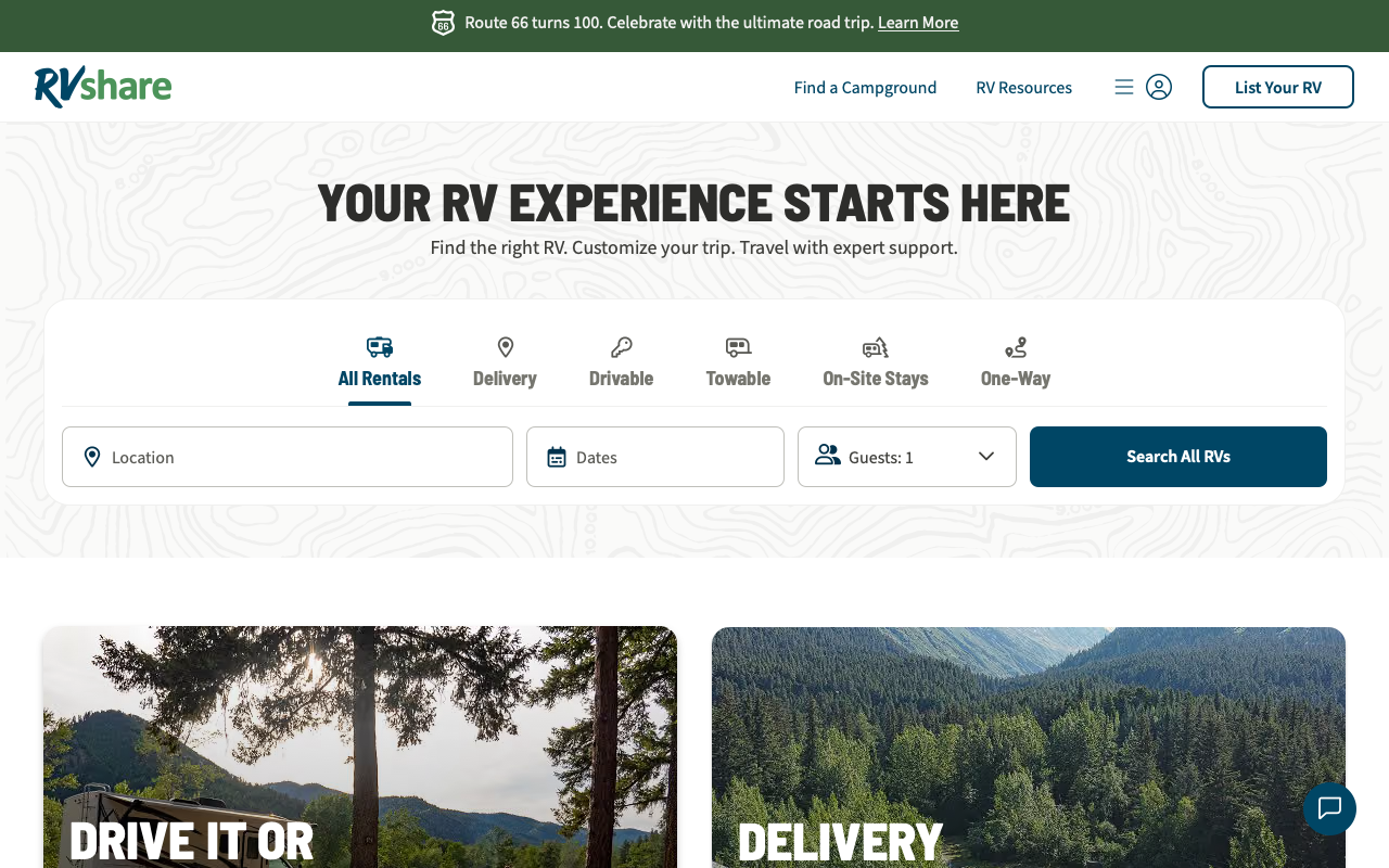 The redesigned RVshare homepage — a search-first hero over a plain background