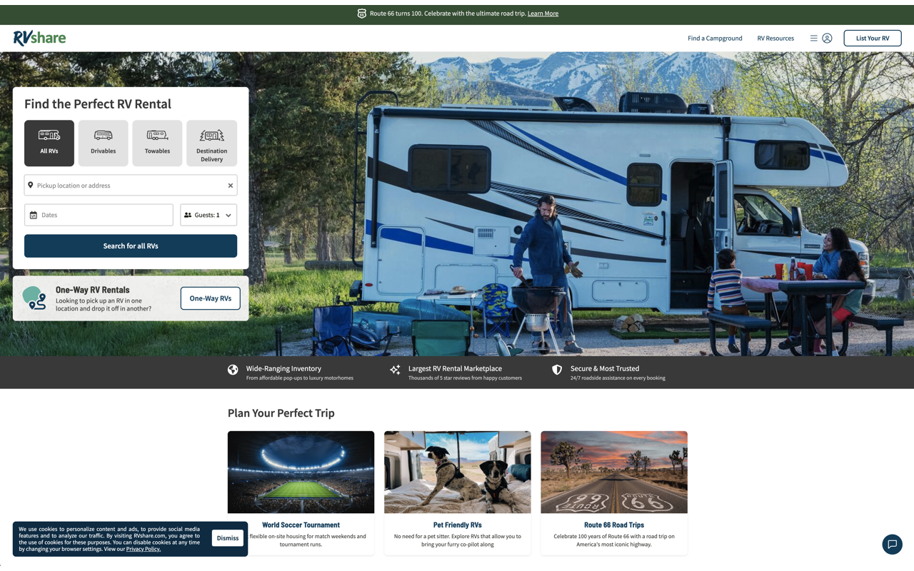 The old RVshare homepage — a photo-driven hero with the search box overlaid on a lifestyle image