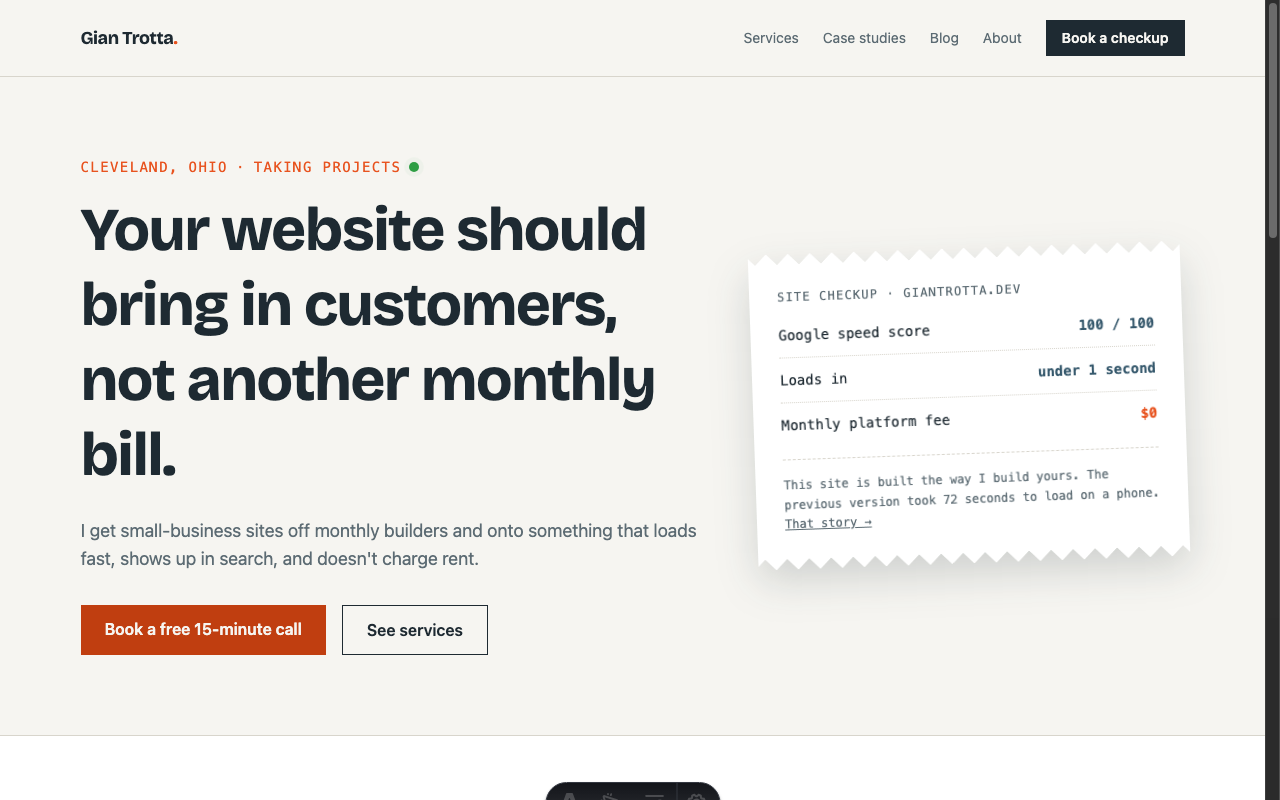 The rebuilt giantrotta.dev homepage — the rescue-angle headline and the site's own checkup receipt
