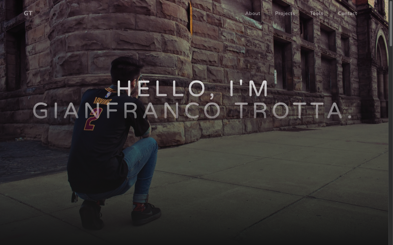 The old giantrotta.dev homepage — a 2019 Gatsby template with a full-bleed photo hero, the 23.5 MB image included