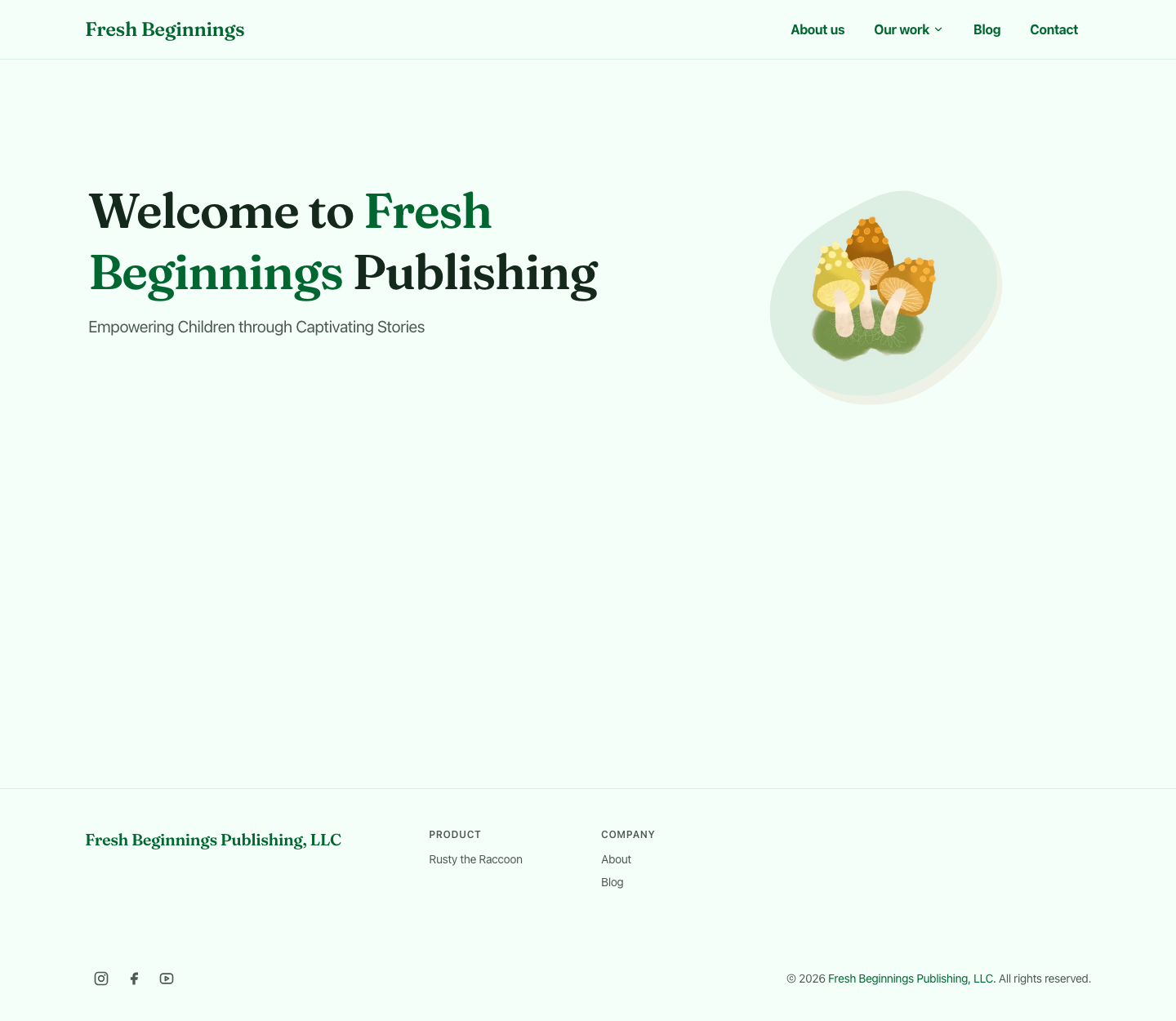 Fresh Beginnings Publishing homepage after the refresh — updated typography, ochre accent, and book section
