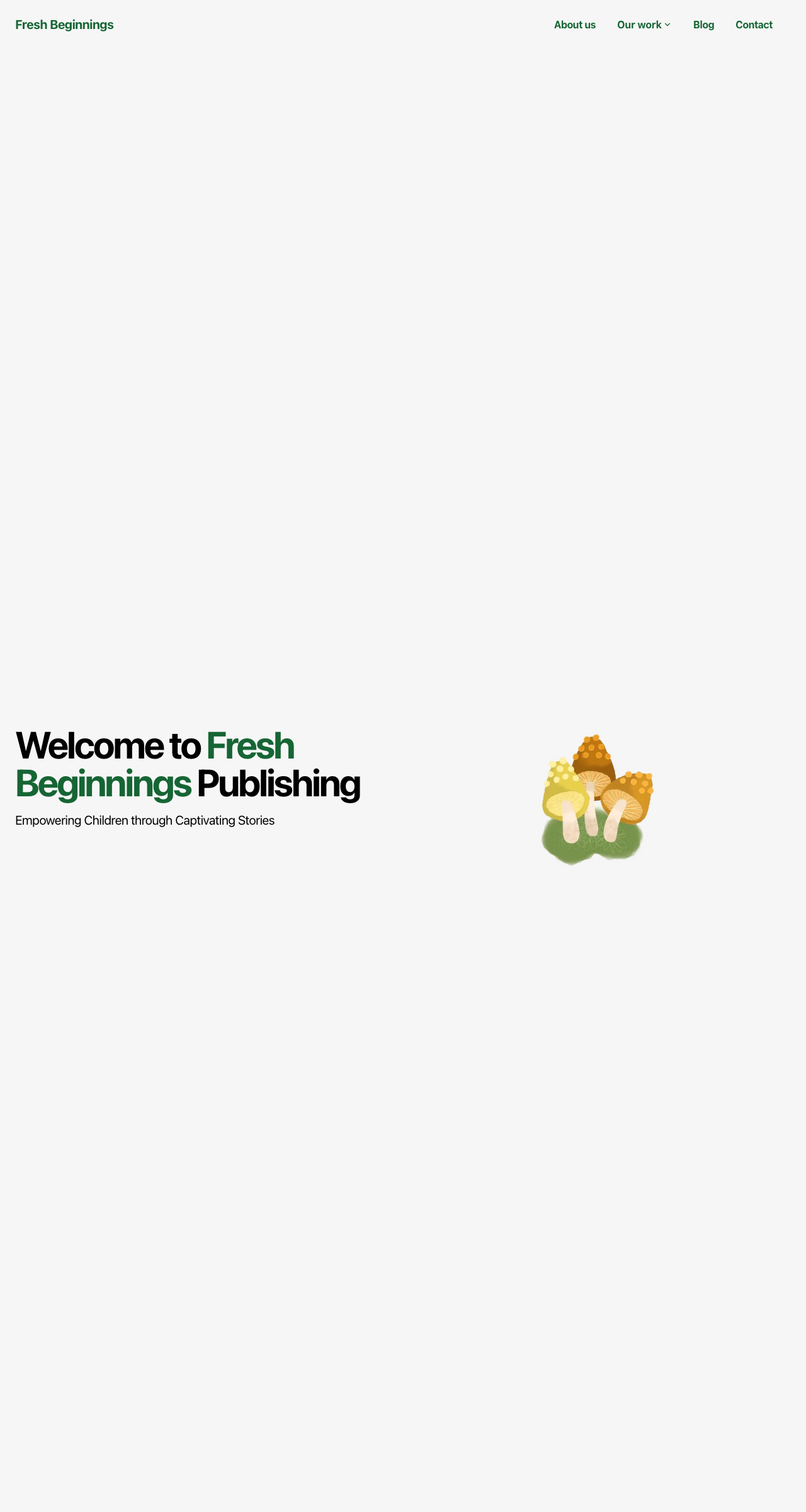 Fresh Beginnings Publishing homepage before the refresh — original layout with mint green hero and mushroom illustration