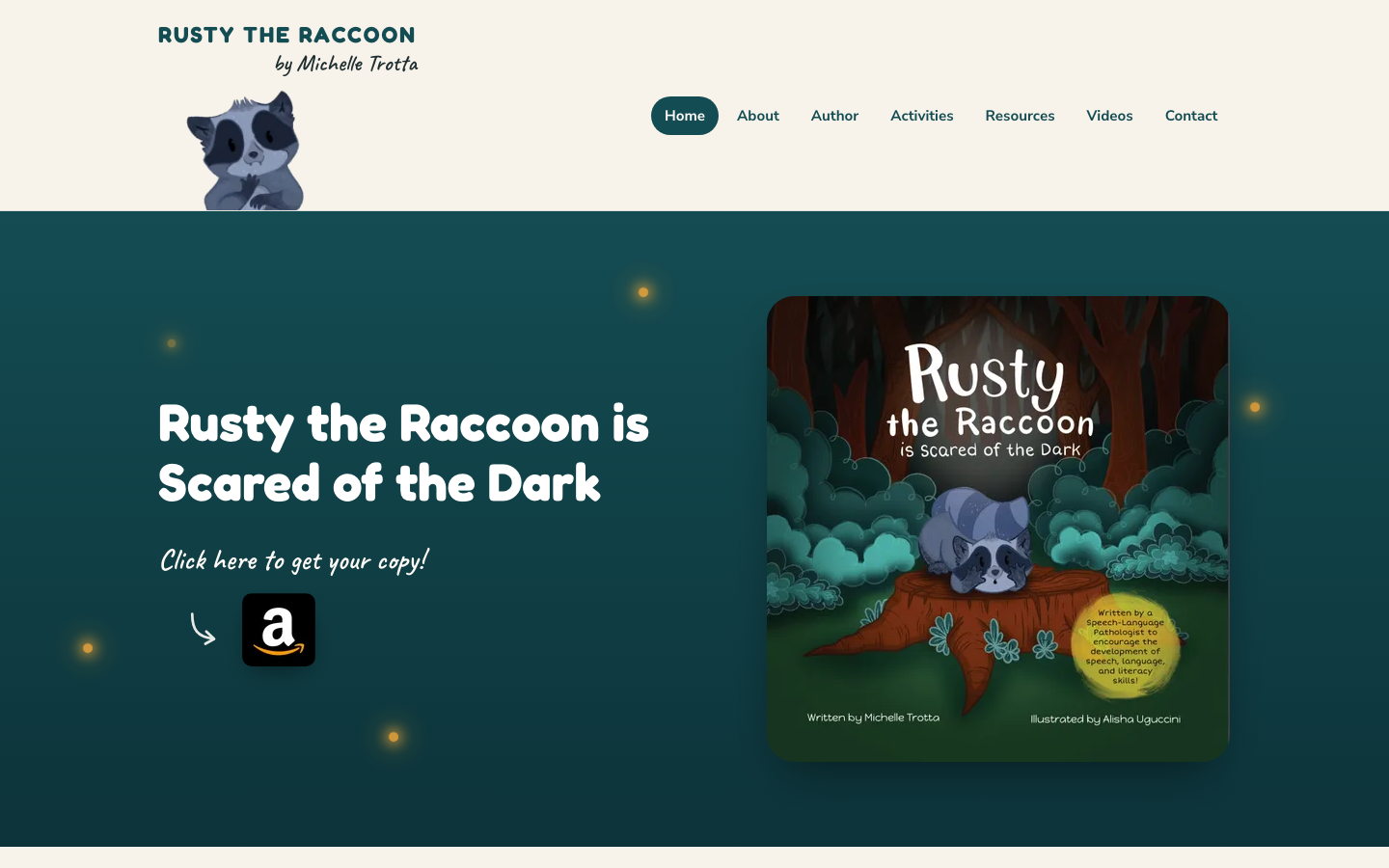 The rebuilt rustytheraccoon.com homepage — cleaner layout, full nav, and the same book cover front and center