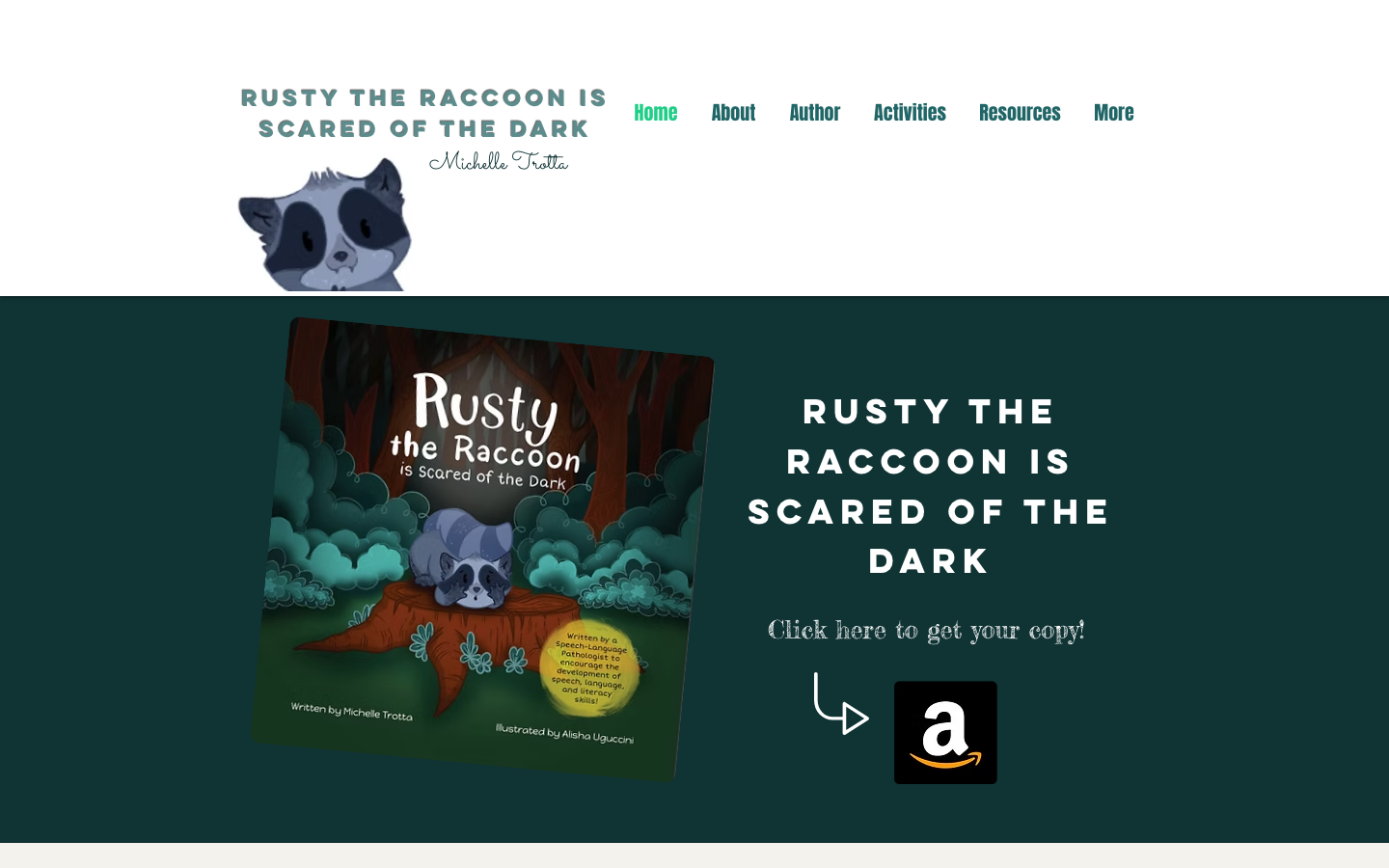 The old rustytheraccoon.com homepage on Wix — generic template nav, no real page title, Amazon buy button